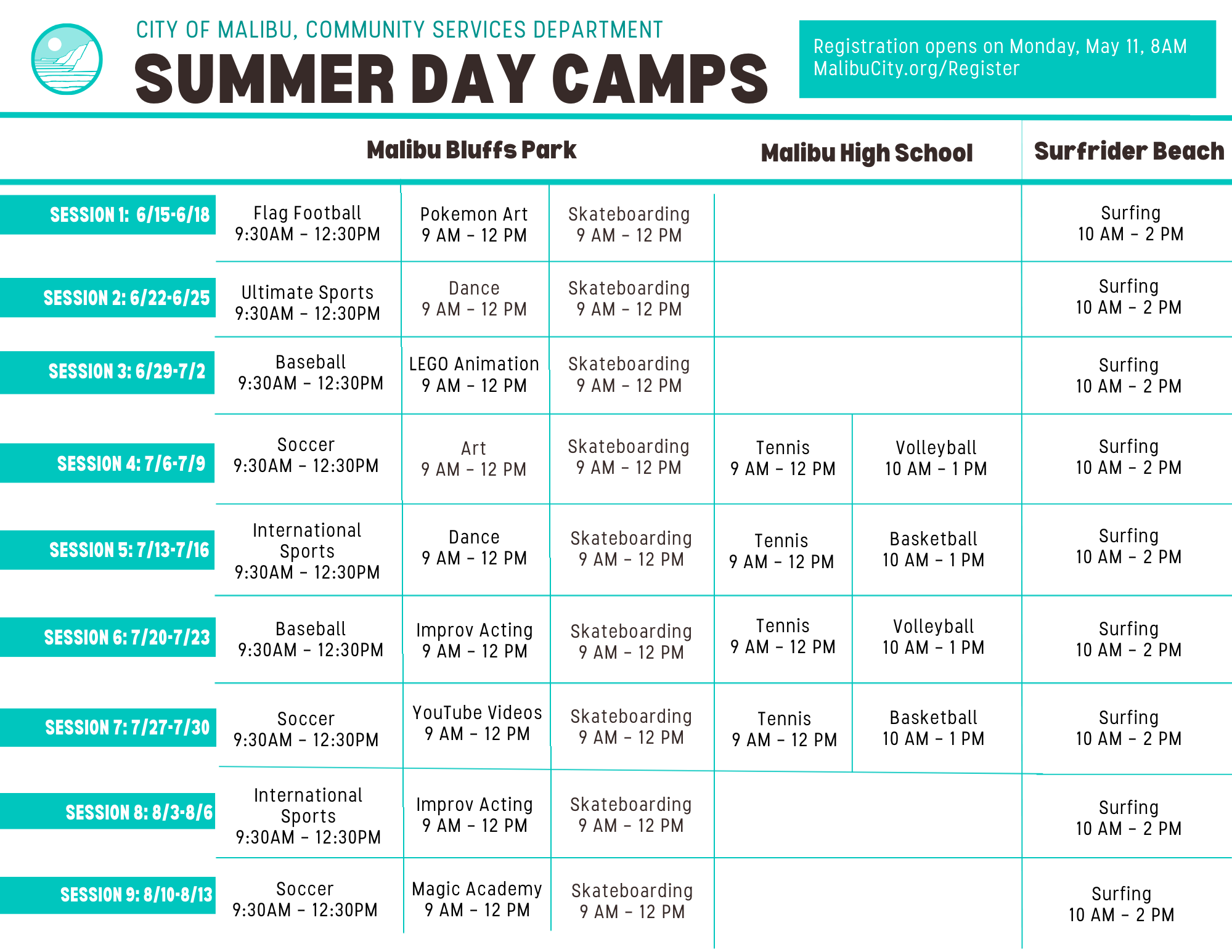 2026 Summer Day Camp Schedule